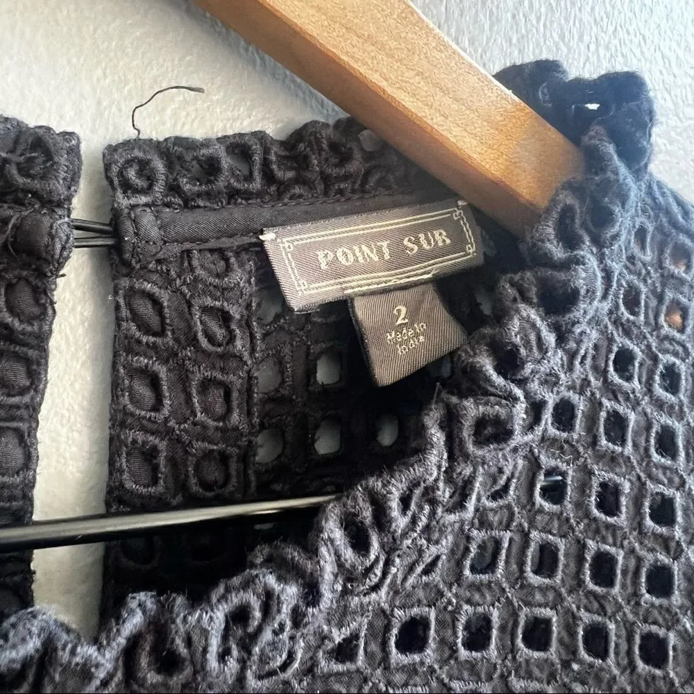 Point Sur J. Crew Black Eyelet Lace Top Long Sleeve Cinch Tie Waist 2